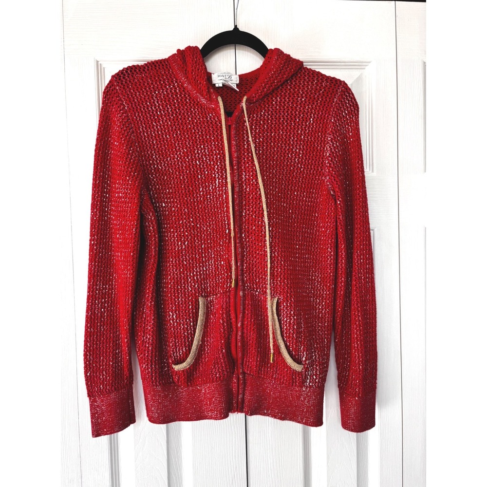 Just B VIntage Red‎ Metallic Gold Foil Knit Zip Up Hoodie Gold Trim Women Large